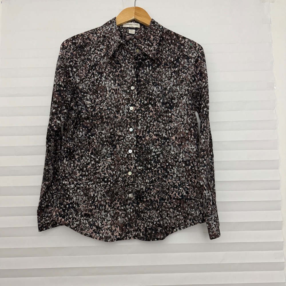Coldwater Creek No Iron Cotton Button Down Shirt Brown Pebble Print Womens M